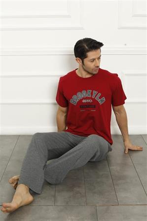 Moda Çizgi Erkek Kırmızı Penye Pijama Takım 20371