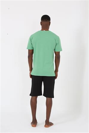 Moda Çizgi Erkek Kısa Kol Fıstık Yeşili Penye Şortlu Pijama Takımı 20372