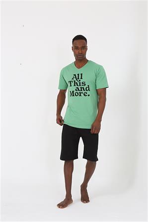 Moda Çizgi Erkek Kısa Kol Fıstık Yeşili Penye Şortlu Pijama Takımı 20372