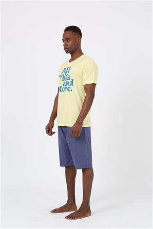 Moda Çizgi Erkek Kısa Kol Sarı Penye Şortlu Pijama Takımı 20372