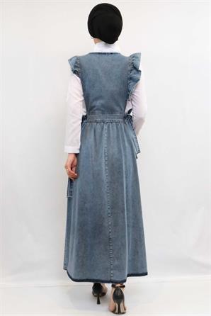 Moda Çizgi Fırfırlı Salopet Kot Elbise  Koyu Mavi