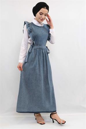 Moda Çizgi Fırfırlı Salopet Kot Elbise  Koyu Mavi