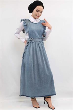 Moda Çizgi Fırfırlı Salopet Kot Elbise Mavi