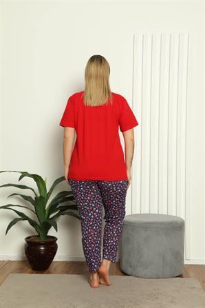 Moda Çizgi Kadın %100 Pamuk Kısa Kol Büyük Beden Pijama Takım 202144