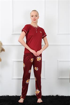 Moda Çizgi Kadın Bordo Kısa Kol Pijama Takım 20388
