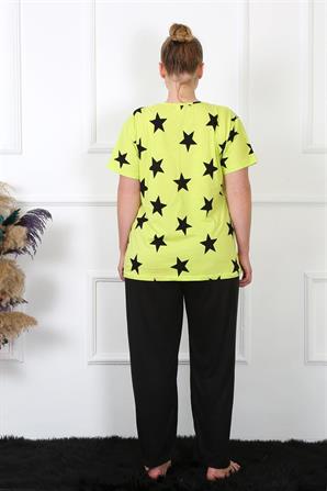 Moda Çizgi Kadın Büyük Beden Penye Neon Yeşili Kısa Kol Pijama Takım 202206