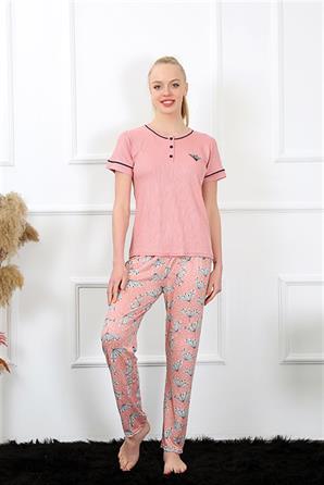 Moda Çizgi Kadın Gül Kurusu Kısa Kol Pijama Takım 20388