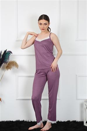 Moda Çizgi Kadın İp Askılı Mürdüm Pijama Takım 4136