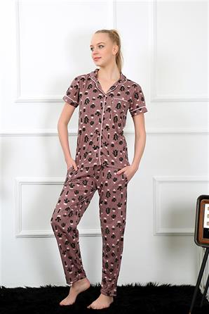 Moda Çizgi Kadın Kahve Önden Düğmeli Kısa Kol Pijama Takım 2844