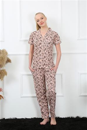 Moda Çizgi Kadın Pudra Önden Düğmeli Kısa Kol Pijama Takım 2844