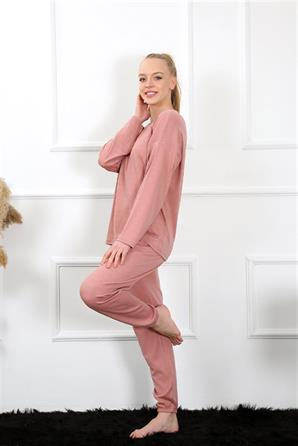 Moda Çizgi Kadın Uzun Kol Penye Gül Kurusu Pijama Takım 4132