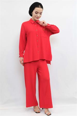 Moda Çizgi Zincir Aksesuarlı İkili Takım  Kırmızı
