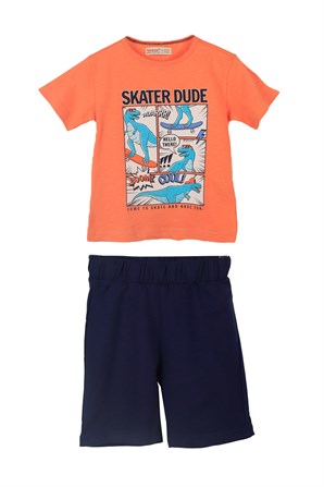 Oranj Renkli Baskılı Erkek Çocuk Tişört Şort Takım |KT 219148
