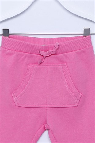 Pembe Renkli Sweat Pantolon Örme Kanguru Cepli Paçası Ve Beli Lastikli Eşofman Altı Bebek Kız |JP-112510