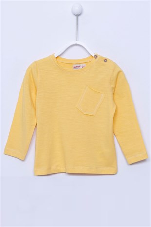 Sarı Renkli Cep Detaylı Omuzdan Düğme Kapamalı Örme Uzun Kollu Tişört |BK-112883