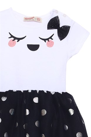 Silversunkids | Bebek Kız Beyaz Renkli Baskılı Omuzdan Düğmeli Etekleri Tüllü Elbise | EK 118367