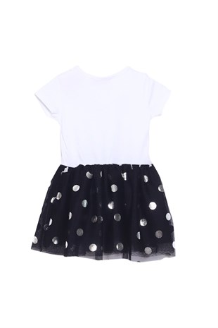Silversunkids | Bebek Kız Beyaz Renkli Baskılı Omuzdan Düğmeli Etekleri Tüllü Elbise | EK 118367