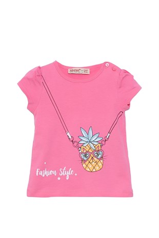 Silversunkids | Bebek Kız Pembe Renkli Baskılı Omuzdan Düğmeli Tişört | BK 118051