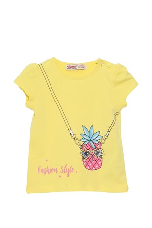 Silversunkids | Bebek Kız Sarı Renkli Baskılı Omuzdan Düğmeli Tişört | BK 118051
