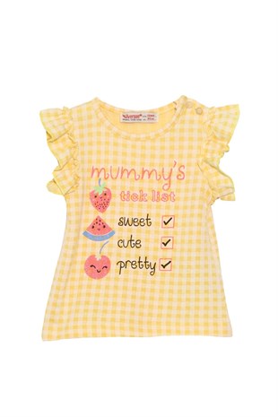 Silversunkids | Bebek Kız Sarı Renkli Baskılı Omuzdan Düğmeli Kolları Fırfırlı Tişört | BK 118059