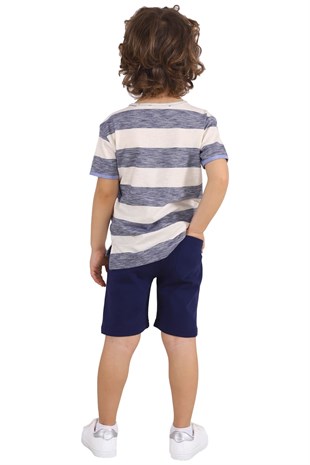 Silversunkids | Erkek Çocuk Lacivert Renkli Cep Detaylı Bisiklet Yakalı Çizgili Tişört | BK 217994