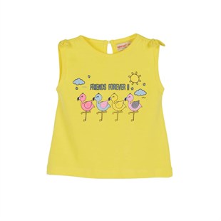 Silversunkids | Kız Bebek Sarı Renkli Baskılı Kol Ucu Fiyonk Detaylı Kolsuz Tişört | BK 115898