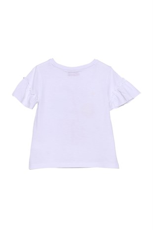 Silversunkids | Kız Çocuk Beyaz Renkli Baskılı Kolları Fırıfırlı Tişört | BK 218165