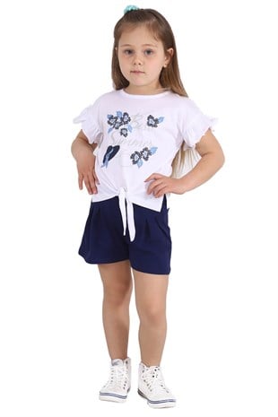 Silversunkids | Kız Çocuk Beyaz Renkli Baskılı Önden Bağlamalı Kolları Fırfırlı Tişört | BK 217671