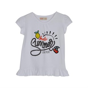 Silversunkids | Kız Çocuk Beyaz Renkli Nakışlı Etek Ucu Fırfırlı Tişört | BK 215538