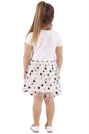 Silversunkids | Kız Çocuk Ekru Renkli Baskılı Etekleri Yıldız Desenli Tüllü Elbise | EK 217901
