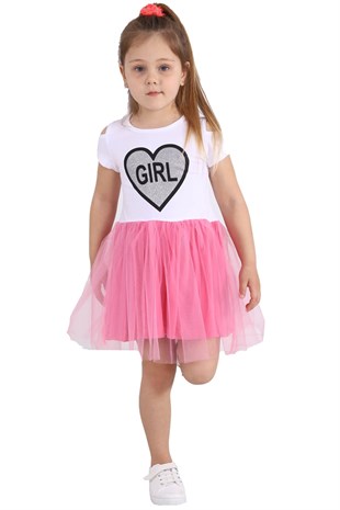 Silversunkids | Kız Çocuk Fuşya Renkli Baskılı Etekleri Tüllü Elbise | EK 218359