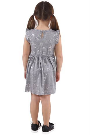 Silversunkids | Kız Çocuk Gri Renkli Yıldız Baskılı Kolları Fırfırlı Örme Elbise | EK 218494