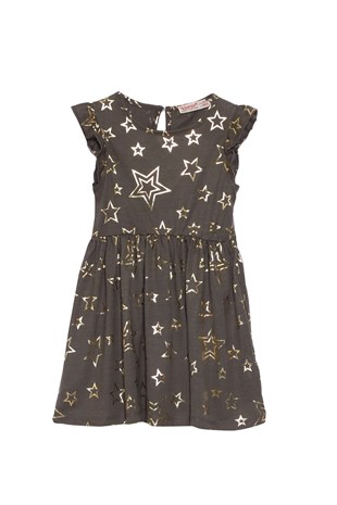 Silversunkids | Kız Çocuk Haki Renkli Yıldız Baskılı Kolları Fırfırlı Örme Elbise | EK 218494