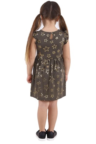 Silversunkids | Kız Çocuk Haki Renkli Yıldız Baskılı Kolları Fırfırlı Örme Elbise | EK 218494