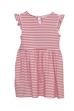 Silversunkids | Kız Çocuk Kırmızı Renkli Payet İşlemeli Kolları Fırfırlı Çizgili Örme Elbise | EK 218112