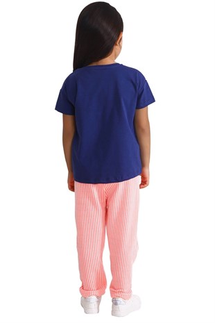 Silversunkids | Kız Çocuk Koyu Mavi Renkli Baskılı Önden Bağlamalı Tişört | BK 218347