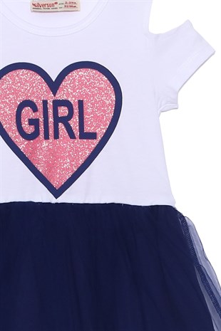 Silversunkids | Kız Çocuk Lacivert Renkli Baskılı Etekleri Tüllü Elbise | EK 218359
