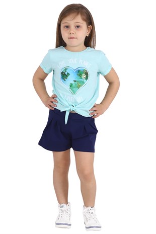 Silversunkids | Kız Çocuk Mint Renkli Baskılı Önden Bağlamalı Tişört | BK 218325