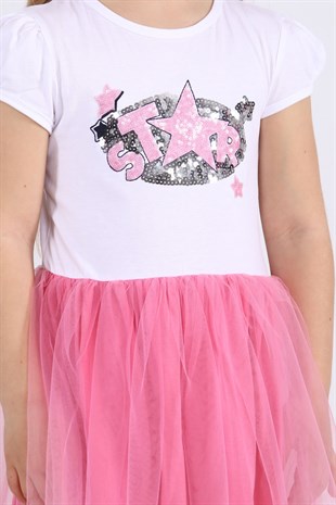 Silversunkids | Kız Çocuk Pembe Renkli Payet İşlemeli Etekleri Tüllü Elbise | EK 218366