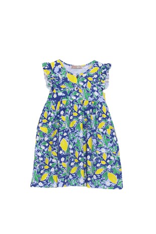 Silversunkids | Kız Çocuk Saks Renkli Kolları Fırfırlı Önden Düğmeli Cepli Örme Elbise | EK 217987