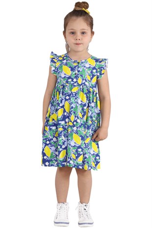 Silversunkids | Kız Çocuk Saks Renkli Kolları Fırfırlı Önden Düğmeli Cepli Örme Elbise | EK 217987