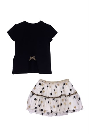 Silversunkids | Kız Çocuk Siyah Renkli Baskılı Tişört ve Yıldız Detaylı Tül Etek Takımı | KT 217898