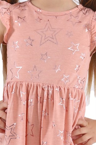 Silversunkids | Kız Çocuk Somon Renkli Yıldız Baskılı Kolları Fırfırlı Örme Elbise | EK 218494