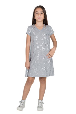 Silversunkids | Kız Genç Gri Melanj Renkli Yıldız Baskılı Kısa Kollu Elbise Örme Elbise | EK 315919