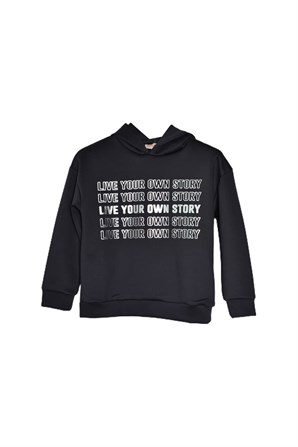 Siyah Renkli Baskılı Kapüşonlu Genç Kız Sweatshirt - JS 318407 |Silversunkids