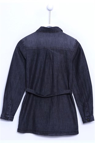 Siyah Renkli Kot Gömlek Denim Uzun Kollu Cepli Kemerli Tunik Gömlek Kız Çocuk |GC 310814