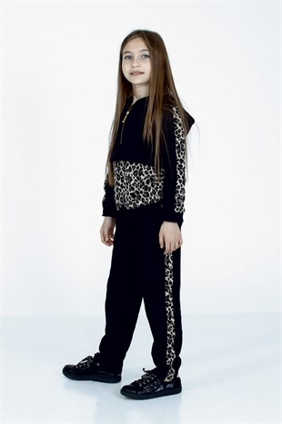 Siyah Renkli Leopar Deseni Baskılı Kapşonlu Fermuar Aksesuarlı Uzun Kol Kız Çocuk Tişört|JS 315201