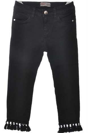 Siyah Renkli Pantolon Denim 5 Cepli Paçası Püsküllü Kot Pantolon Kız Çocuk |PC 210468