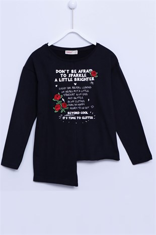 Siyah Renkli Uzun Kollu T-Shirt Örme Uzun Kollu Baskılı Nakışlı Asimetrik Tişört Kız Çocuk |BK-312840