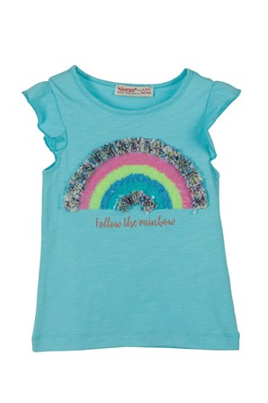Turkuaz Renkli Payet Nakışlı Kız Çocuk Örme Tişört |BK 219062